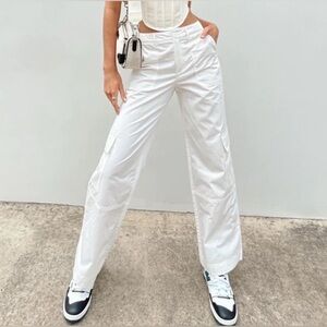Princess Polly Ayla Cargo Pants White Wide Leg Cotton Utility Size 6